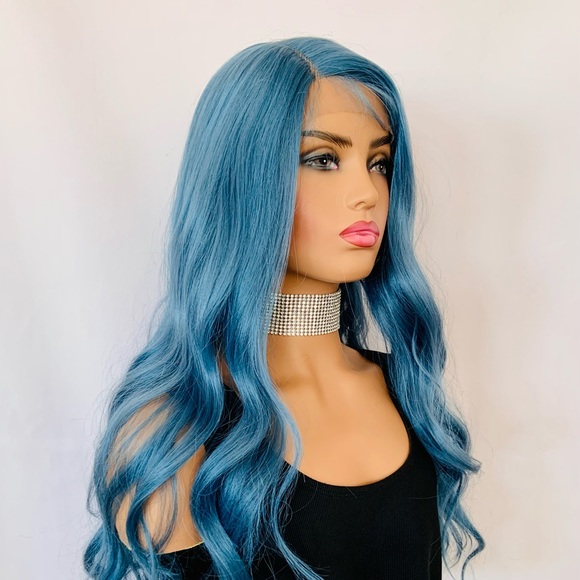 Long Gorgeous 28” Ocean Blue Color Premium Fiber Glueless Lace Front Wig - Picture 6 of 10